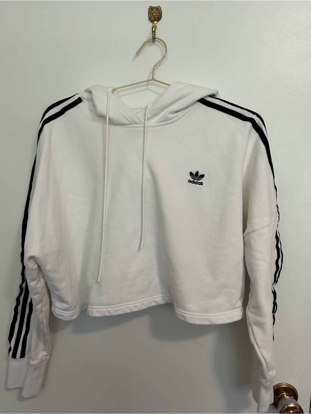 Adidas Boxy Cropped Hoodie in White with Black Stripes